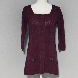 Vintage Glimmer By J.J. Basics Maroon  Knitted Sweater Dress 3/4 Sleeve Small
